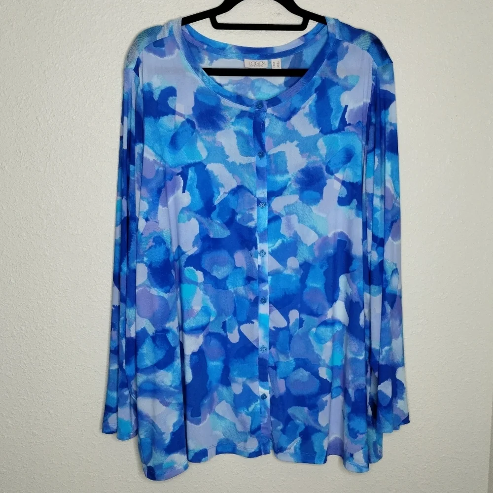 LOGO Layers Lori Goldstein Watercolor Printed Mesh Cardigan Blue Sea Size 3X